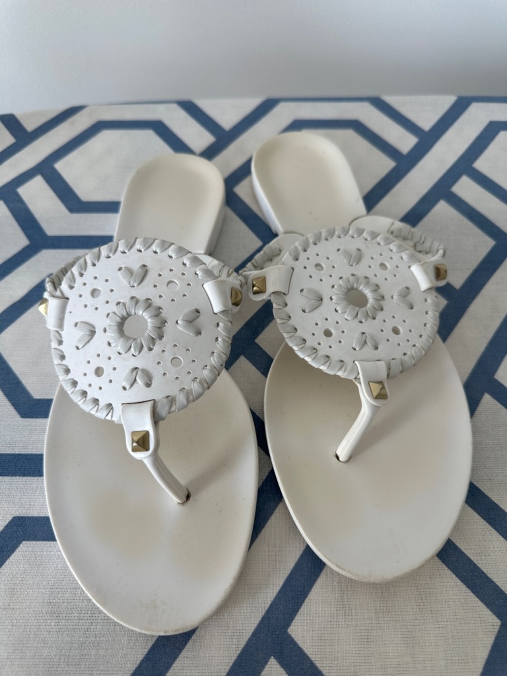 Jack Rogers White Leather Miller Thong Sandals with Gold Studs